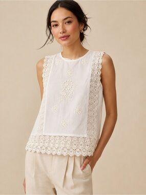 Anthropologie Raga White Lace-Trim Embroidered Sleeveless Top M
